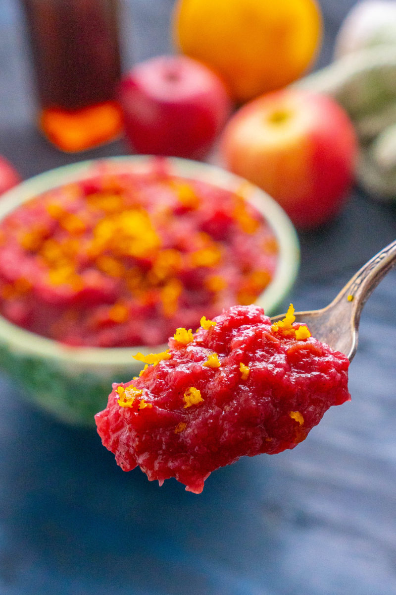 Spoonful of cranberry applesauce up close