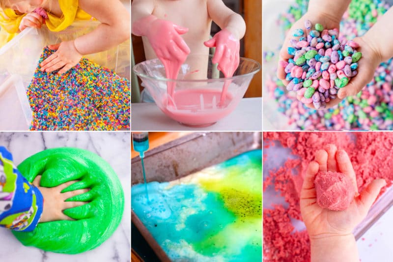 Six photos of toddler sensory activities: rainbow rice bin, toddler goop, colorful bean bin, fluffy slime, baking soda art, kinetic sand.