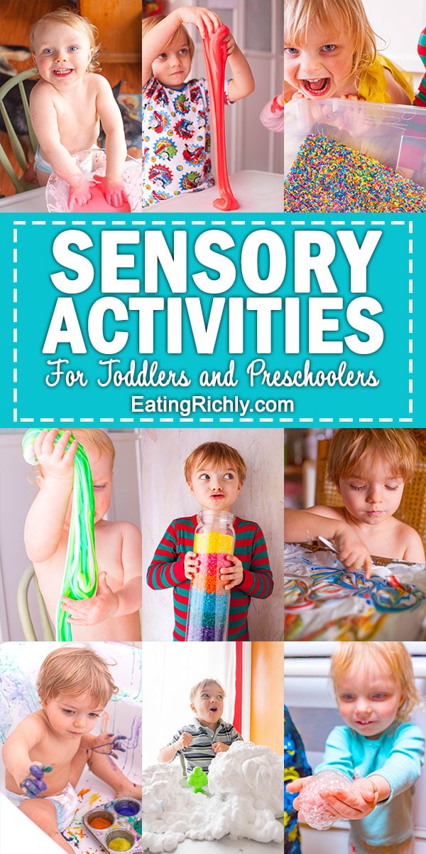 Nine images of toddlers doing sensory activities including slimes, sensory bins, and finger painting