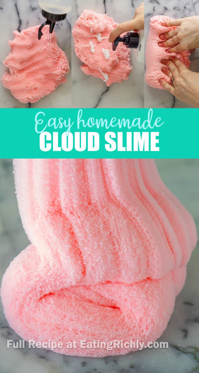 Four photos in a collage show the steps of making a fluffy pink cloud slime including adding clear activator liquid, white lotion, kneading, and drizzling.